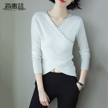 海青蓝2018秋装新款女装v领长袖套头毛衣白色修身显瘦针织衫05173商品大图