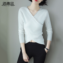 海青蓝2018秋装新款女装v领长袖套头毛衣白色修身显瘦针织衫05173图片