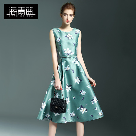 海青蓝2018夏装新款女装气质圆领无袖时尚印花收腰A字连衣裙00957商品大图