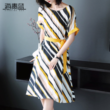 海青蓝2018夏季新款时尚宽松修身显瘦条纹短袖连衣裙女装潮02447图片