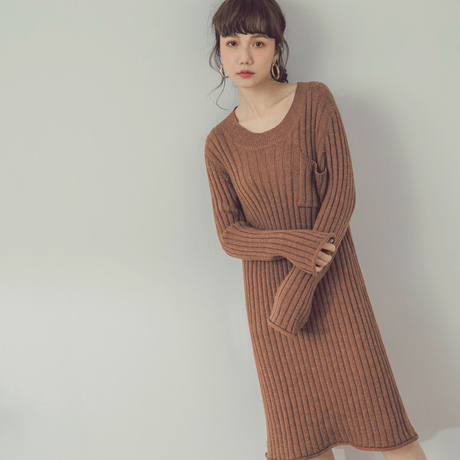 桔熊秋冬温柔坑条圆领毛衣裙弹力中长款针织裙女大码FA1849商品大图