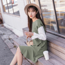 桔熊秋冬装甜美韩系系带喇叭袖拼接荷叶边连衣裙女大码DA6146图片