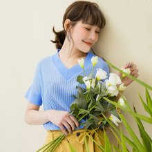 桔熊桔选春夏装透肤V领直坑条薄款细针织衫短袖上衣女大码FA1681图片