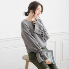 桔熊保暖灯笼袖蝴蝶结系带针织衫套头毛衣女装冬大码FA1610图片