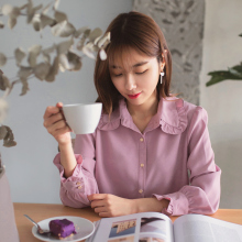桔熊春秋装韩版娃娃领木耳边收口长袖雪纺衫衬衫女大码AB5860图片
