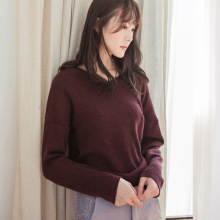 桔熊桔选简约竖坑条不收边V领落肩磨毛上衣女装秋冬大码AB5405图片