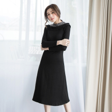 桔熊黑色木耳边立领收腰过膝合身连衣裙女装秋冬大码DA5359图片