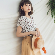 桔熊夏装渡假风树叶印花灯笼袖上衣女胖妹妹大码AB7387图片