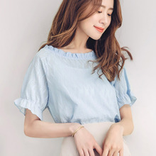 桔熊夏装小清新立体暗纹木耳边领灯笼袖上衣女大码AB7359图片
