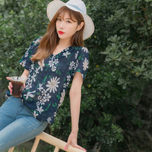 桔熊夏装韩版小清新碎花荷叶领轻薄款上衣女大码AB7427图片