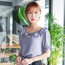 桔熊夏季韩版少女双层荷叶边娃娃领喇叭袖上衣女大码AB6979图片