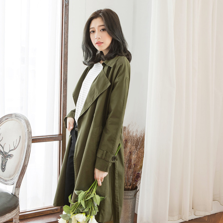 桔熊桔选亲肤绑带收腰翻领长款双排扣风衣外套女装秋冬大码EA2149商品大图
