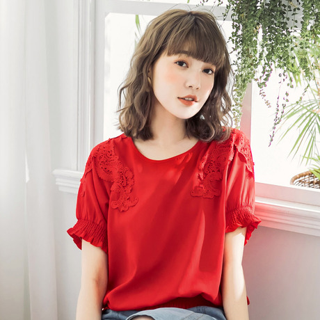 桔熊夏装纯色刺绣拼接灯笼袖收腰上衣女大码AB7551商品大图