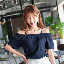 桔熊夏装韩版纯色吊带一字露肩领暗纹上衣女大码AB6980图片