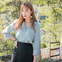 桔熊秋装西服领衬衫系带袖拼接蕾丝纯色上衣女大码AB7966图片