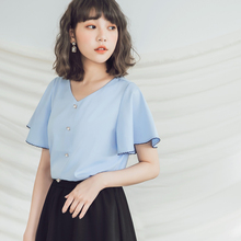 桔熊夏装衬衫气质V领花边喇叭袖宽松上衣潮女大码AB7350图片