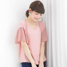桔熊桔选夏装轻薄款纯色V领喇叭袖凉爽宽松T恤上衣女大码AB6931图片