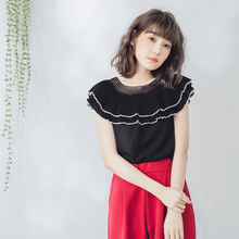 桔熊夏季小性感压褶木耳边荷叶边小衫百褶上衣女大码AB7346图片