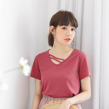 桔熊夏装小心机圆领镂空线条纯色弹力短袖上衣女大码AB6803图片