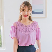 桔熊夏装韩版少女镂空网纱蕾丝拼接上衣胖妹妹大码AB7404图片