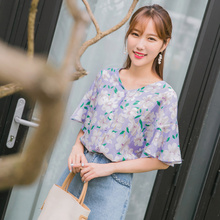 桔熊夏装韩版优雅碎花喇叭袖V领衬衫上衣女大码AB7434图片