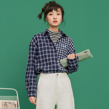 尔给chic早秋蓝色格子衬衫女长袖2018新款宽松韩范bf港味复古上衣图片