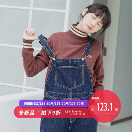 尔给背带裤女春秋2018新款宽松学生韩版学院风深蓝色阔腿牛仔裤商品大图