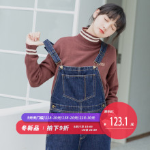 尔给背带裤女春秋2018新款宽松学生韩版学院风深蓝色阔腿牛仔裤图片