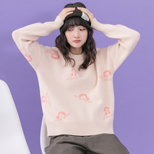 尔给杏色冬季圆领刺绣小清新毛衣女2018新款甜美加厚宽松韩版套头图片