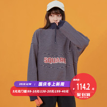尔给立领加绒黑白条纹卫衣女长袖oversize套头拉链宽松韩版图片