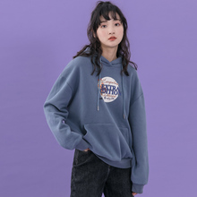 尔给冬季印花套头港味复古chic加绒卫衣女连帽厚怪味少女上衣长袖图片