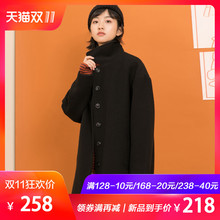 尔给2018流行毛呢厚外套女冬学生森系中长款黑色大衣女装冬加绒图片