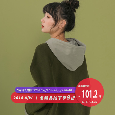 尔给丧系衣服女怪味拼接假两件连帽加绒卫衣女宽松韩版加厚冬季商品大图