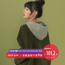 尔给丧系衣服女怪味拼接假两件连帽加绒卫衣女宽松韩版加厚冬季图片