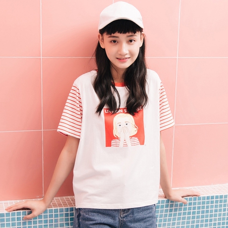 尔给短袖t恤女2017新款韩版软妹夏季拼接上衣印花商品大图