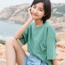 尔给原宿风短袖女2018新款夏bf韩版宽松ulzzang口袋贴布绿色t恤图片