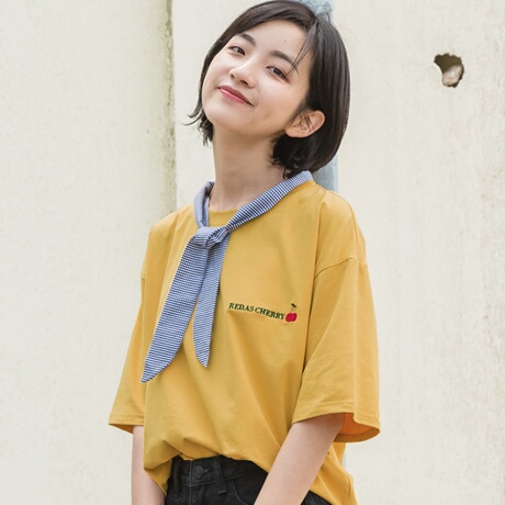 尔给黄色短袖t恤女2018新款宽松韩版学生夏季领结夏装小清新上衣商品大图
