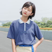 尔给polo衫女可爱短袖刺绣学生宽松韩范蓝色短袖t恤夏季2018新款图片