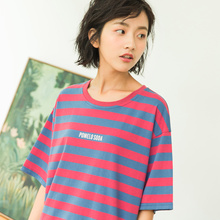 尔给原宿风上衣短袖女夏2018新款宽松韩版学生印花蓝粉条纹t恤图片
