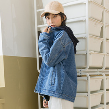 尔给假两件chic秋天女生原宿外套宽松学生韩版bf连帽蓝色牛仔衣女图片