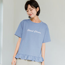 尔给拼接荷叶边蓝色小清新短袖上衣女夏2018新款学生韩范简约T恤图片