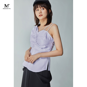 【MeghanFu原创设计】设计感不对称扭褶拼接吊带衬衣背心T恤女