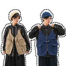 山系复古工装 学生BF咔叽风可调节松紧马甲柏俅羁布缤馓譜EST潮男女