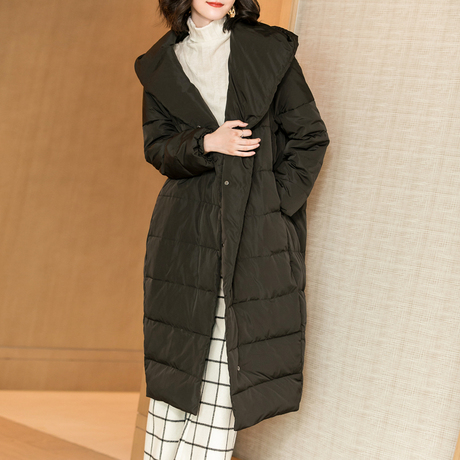 心语泉2018冬季新款黑色连帽羽绒服保暖加厚外套气质过膝羽绒大衣商品大图