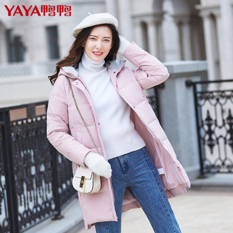鸭鸭2018春季新款女装韩版修身外套时尚连帽中长款羽绒服女B57666商品大图