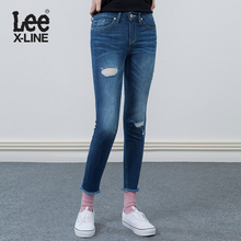Lee女装 18春夏新款X-line破洞裤脚毛边九分牛仔裤L134173QJ8LU图片