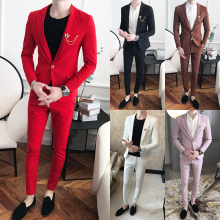 长袖 帅气时尚 西装 夜场理发师上班紧身西服套装 韩版 新潮 套装 男修身