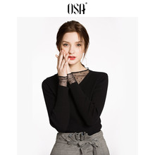 上衣女 长袖 网纱蕾丝拼接打底毛衣针织衫 OSA欧莎2018秋冬性感修身