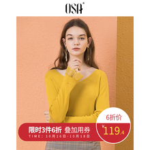 OSA欧莎2018秋装新款女装 简约修身拼接蕾丝舒适V领套头针织衫