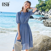 浪漫木耳边显瘦松紧腰亮丝波点连衣裙 女装 新款 OSA欧莎2019夏装